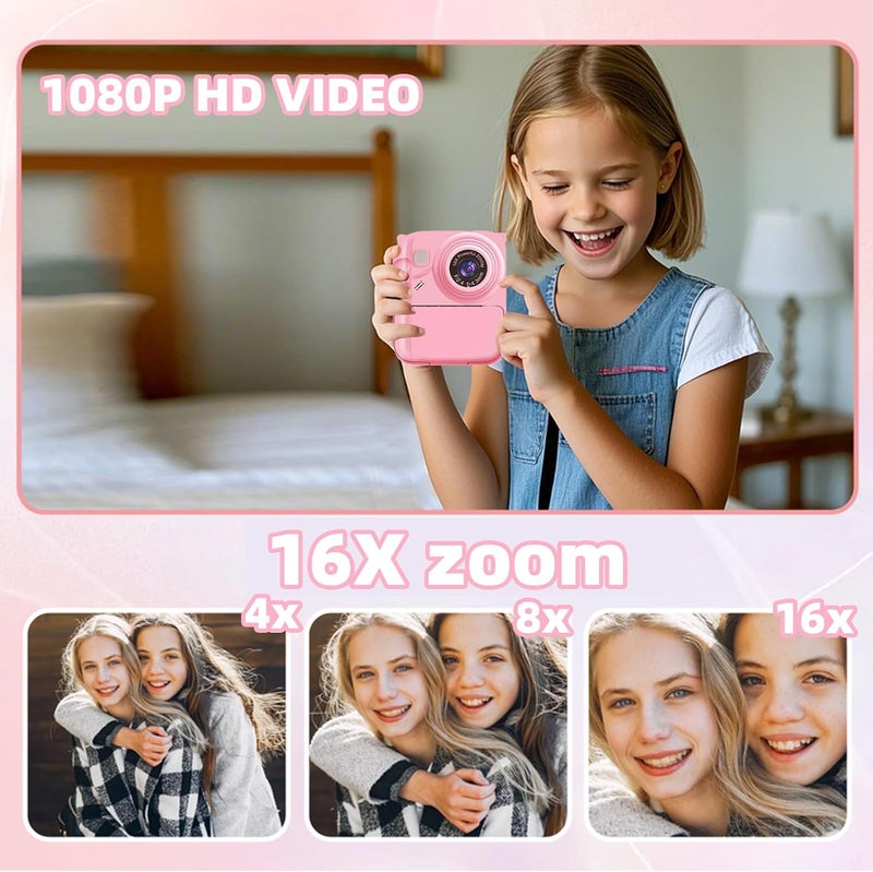 QDH Instant Print Camera for Kids, 1080P Video Camera with 3 Print Rolls, 32GB Card & Cute Cover, Gift for Girls Boys Age 3-12, Toddler Digital Camera with Games, Filters, Music – Pink - Image 5